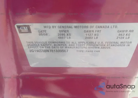 2008 Chevrolet Impala Lt from USA, damaged, VIN 2G1WT58N781309567